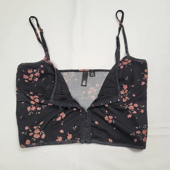 Garage Black Floral Cropped Cami Top with Pink Blossoms - Picture 2 of 4